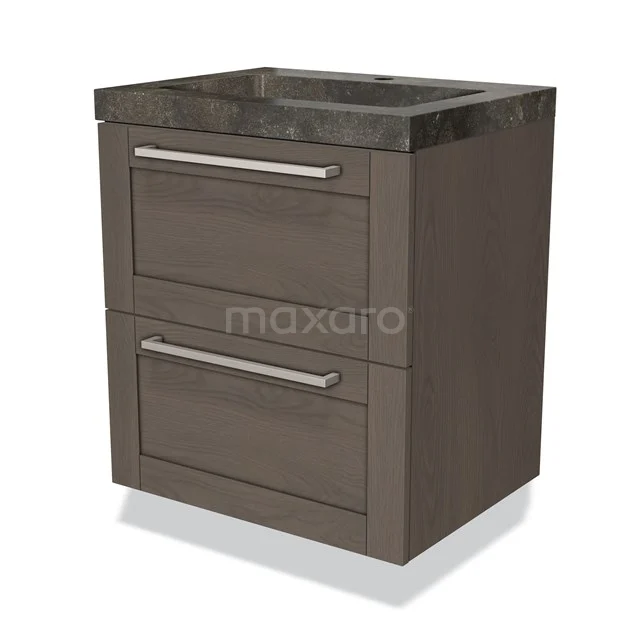 Bruin houten badkamermeubel met twee lades, een natuurstenen wastafelblad en strak metalen handgrepen voor een moderne look.