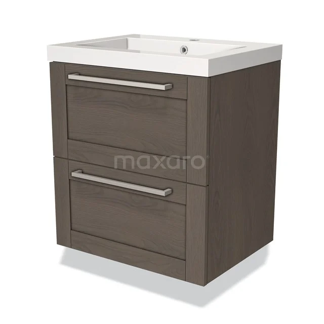 Moderne houten badkamermeubel met twee lades en witte wastafel, ideaal voor compacte badkamers.