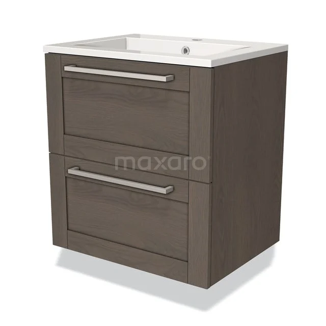 Brown wooden Bathroom cabinet with two drawers and white basin, modern design, ideal for bathroom storage.