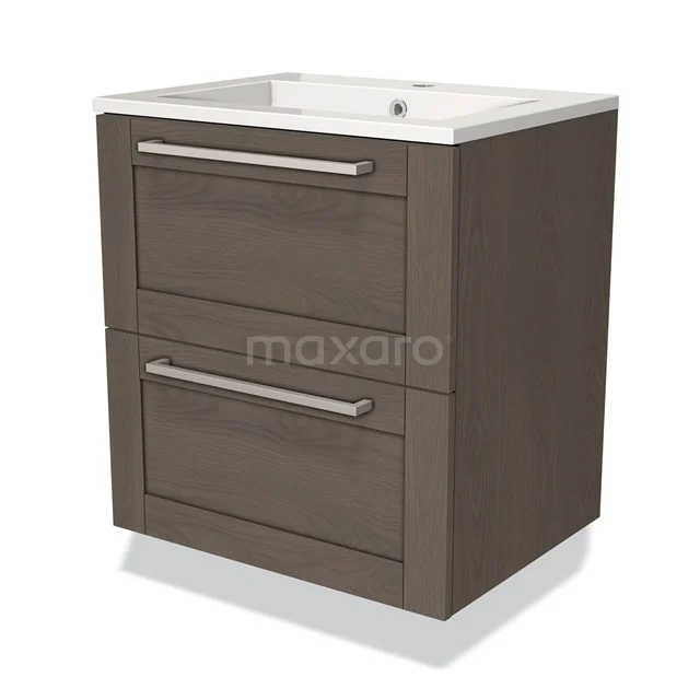 Bruine houten badkamerkast met twee lades en witte wastafel, modern ontwerp, ideaal voor opslag in de badkamer.