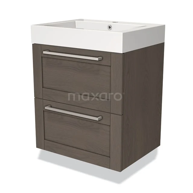 Badkamermeubel 60cm Modulo Donkerbruin Eiken 2 lades Kader Wastafel Mineraalmarmer BMW17-00186