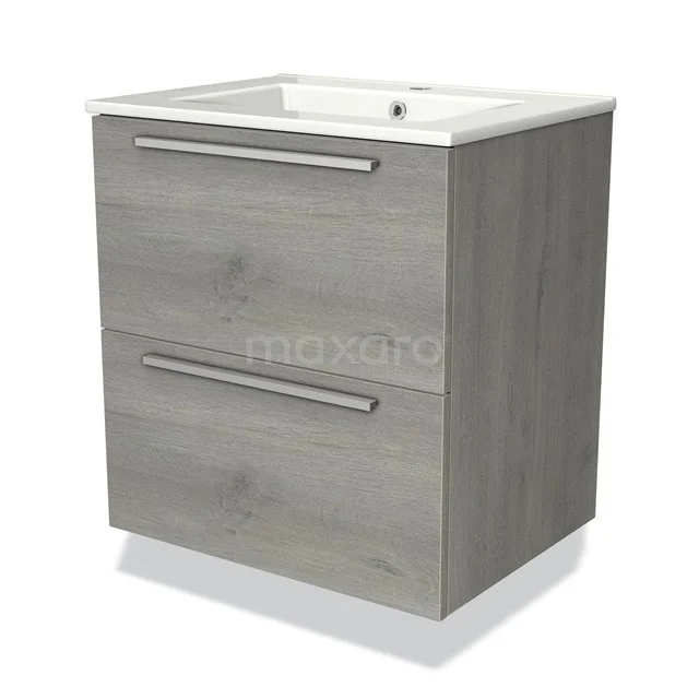 Grijze badkamerkast met wastafel, houtlook afwerking, twee lades en strak ontwerp voor moderne badkamerinrichting.