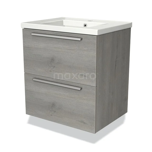 Grijze houten badkamermeubel met twee lades en witte wastafel, modern design, ideaal voor een strakke badkamerinrichting.