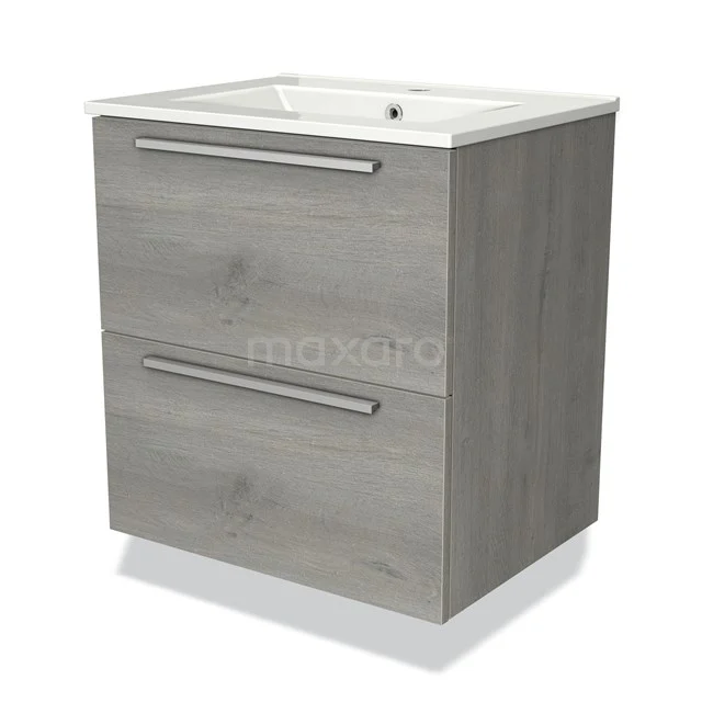 Grijze houten badkamermeubel met wastafel en twee lades, modern design, perfect voor een stijlvolle badkamerinrichting.