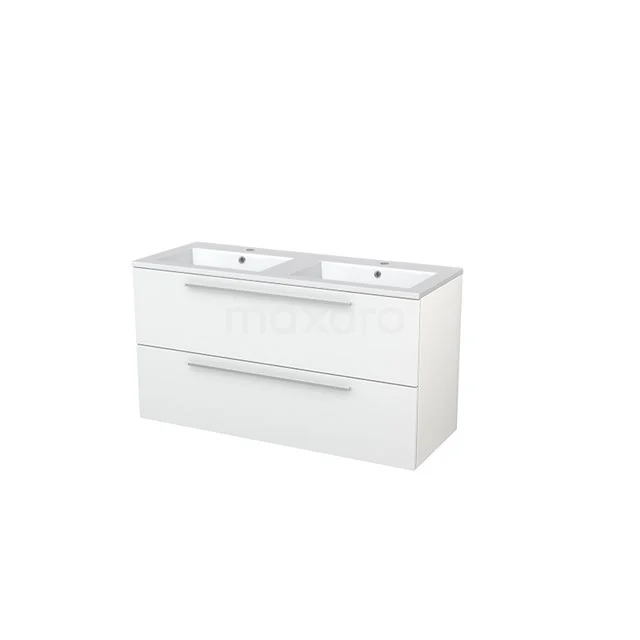 Modulo+ Vanity units with basin | 120 cm High-gloss white Flat front Mineral marble 2 Stacked drawers BMP005565 White double basin bathroom unit with two basins, clean lines, metal handles and spacious storage drawers, ideal for a modern bathroom.