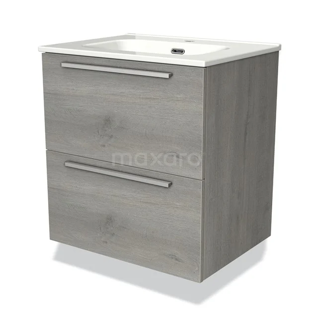 Moderne grijze badkamermeubelset met 2 lades, houtlook afwerking en geïntegreerde wastafel, perfect voor compacte badkamers.