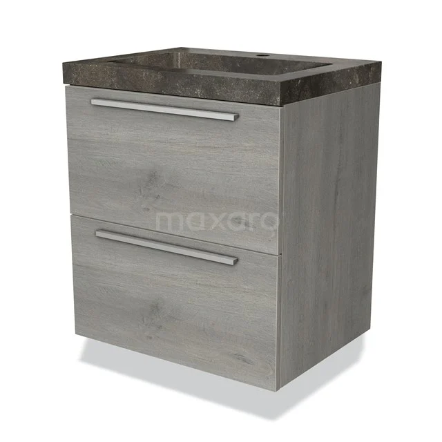 Houten badkamerkast grijs eiken met twee lades en moderne handgrepen, compact design voor stijlvolle badkameropslag.