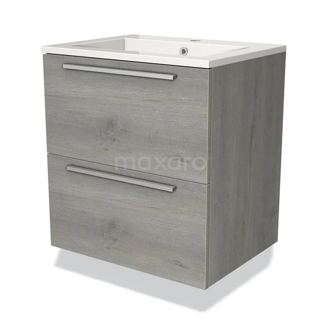 Modulo Bathroom furniture with sink | 60 cm Grey oak Flat front Mineral marble 2 Stacked drawers BMW17-00196 Compact grey oak bathroom unit with two drawers, metal handles and built-in ceramic basin.