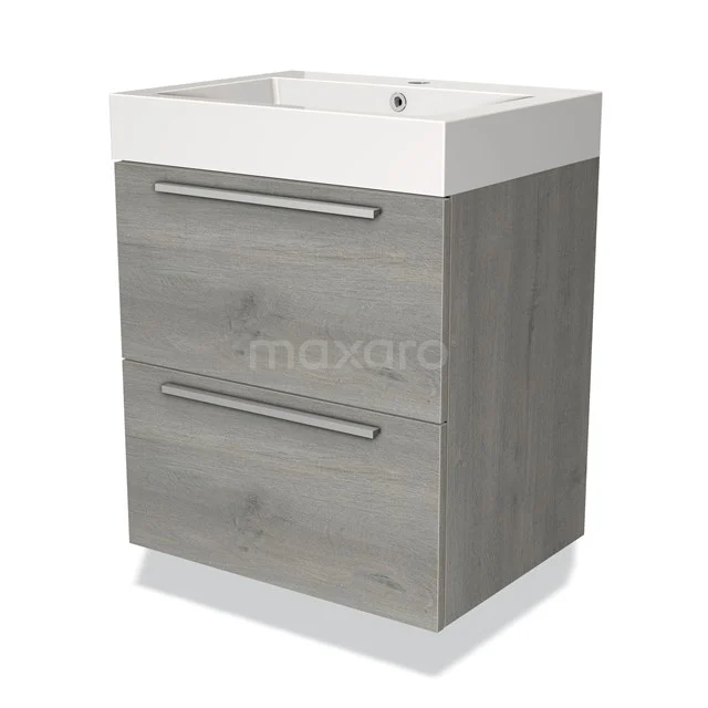 Grey wooden bathroom unit with white vanity units with basin, 2 drawers and metal handles for a modern bathroom style.