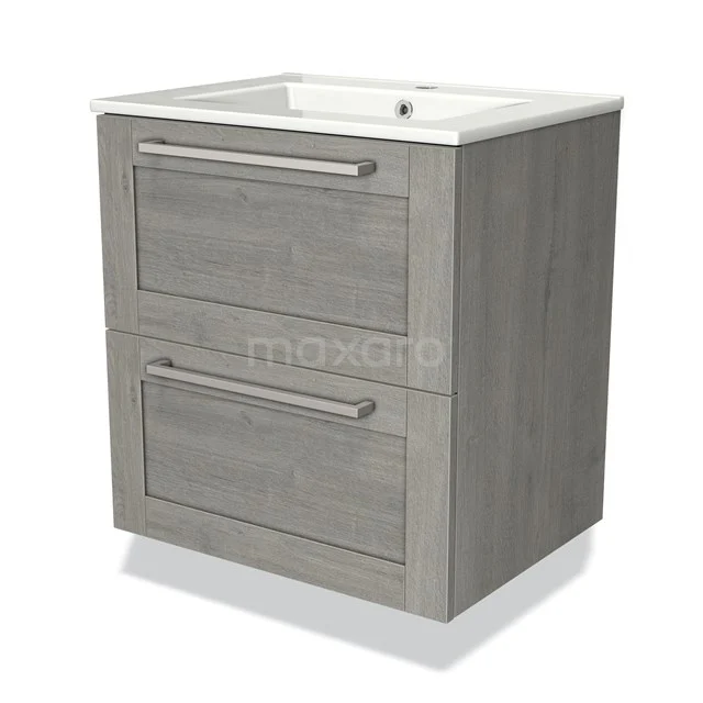 Grijze houten badkamermeubel met twee lades en een witte wastafel, ideaal voor een moderne badkamer inrichting.