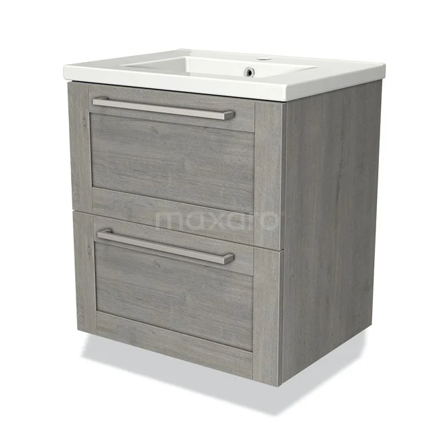 Houten badkamermeubel in grijze eikenlook met witte keramische wastafel en twee ladegrepen, modern en ruimtebesparend ontwerp.