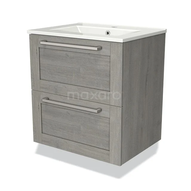 Grijze houten badkamermeubel met twee lades en ingebouwde keramische wastafel, modern ontwerp uit de luxe badkamercollectie.