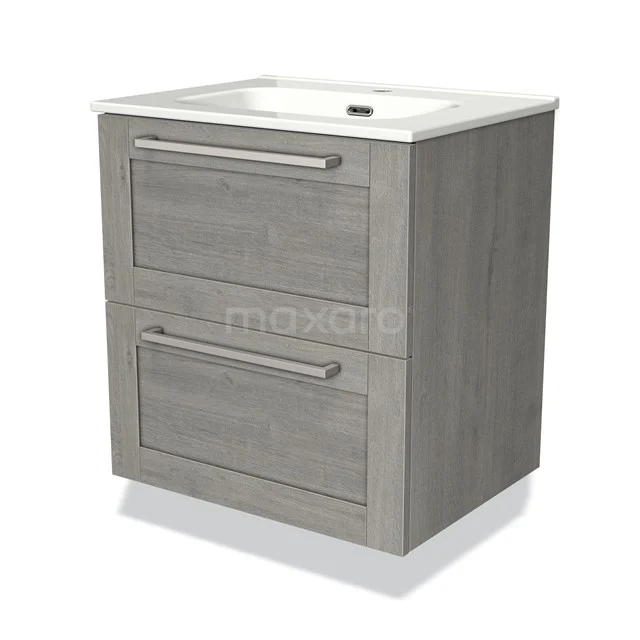 Grijze houten badkamermeubel met twee lades en witte wastafel, ideaal voor moderne badkameropslag.
