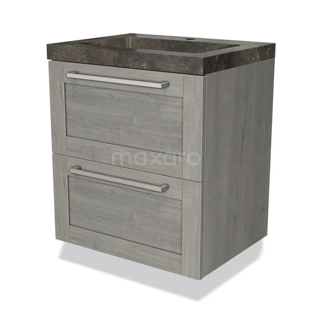 Grijze badkamermeubel met twee lades en natuurstenen wastafel, modern design in houtlook.