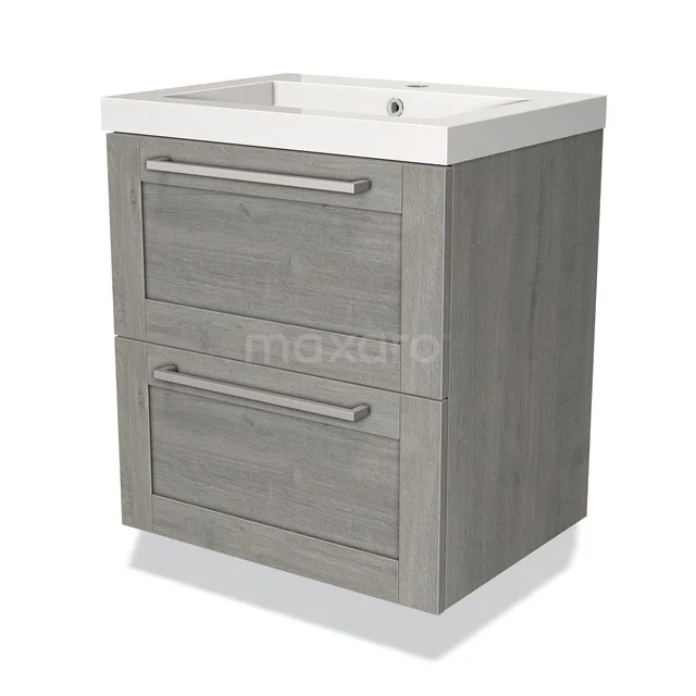 Grijze badkamerkast met twee lades en witte wastafel, moderne houtlook, ideaal voor opbergruimte in de badkamer.