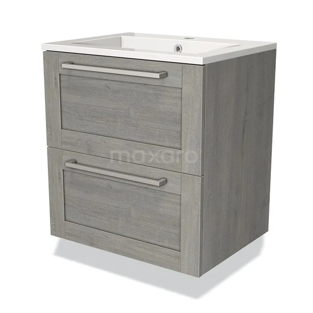 Compacte grijze houten badkamermeubel met twee lades en witte wastafel, ideaal voor moderne badkamerindeling.