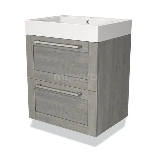 Grijs houten badkamermeubel met twee lades en witte wastafel, moderne uitstraling, ideaal voor een georganiseerde badkamer.