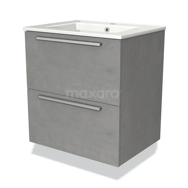 Grijze badkamermeubelset met twee lades en keramische wasbak, modern design in houtlook.