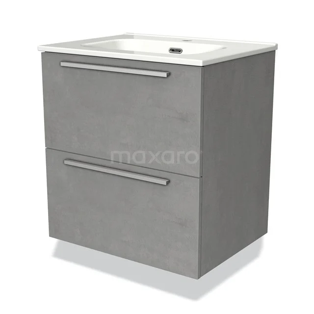 Grey wooden bathroom unit with two drawers, modern design, including white basin, ideal for stylish bathroom storage.