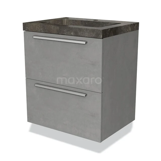 Grey bathroom unit with concrete look, two drawers and natural stone basin worktop, ideal for a modern bathroom.