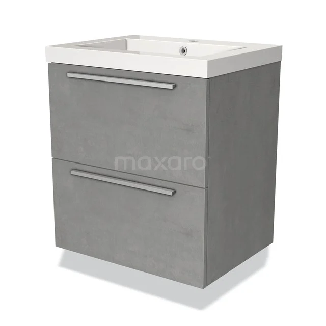 Grey bathroom furniture set with two drawers, minimalist design and ceramic basin, ideal for modern bathrooms.