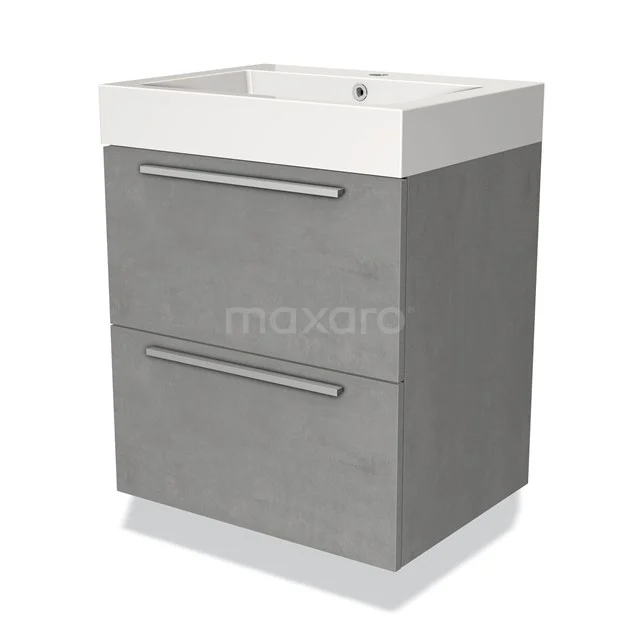 Graue Badmöbelset mit zwei Schubladen, modernem Design und integriertem Waschbecken, ideal für einen klaren Badezimmerstil.