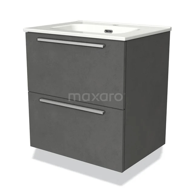 Dark grey bathroom furniture set with two wide drawers, modern stainless steel handles and a built-in white basin.