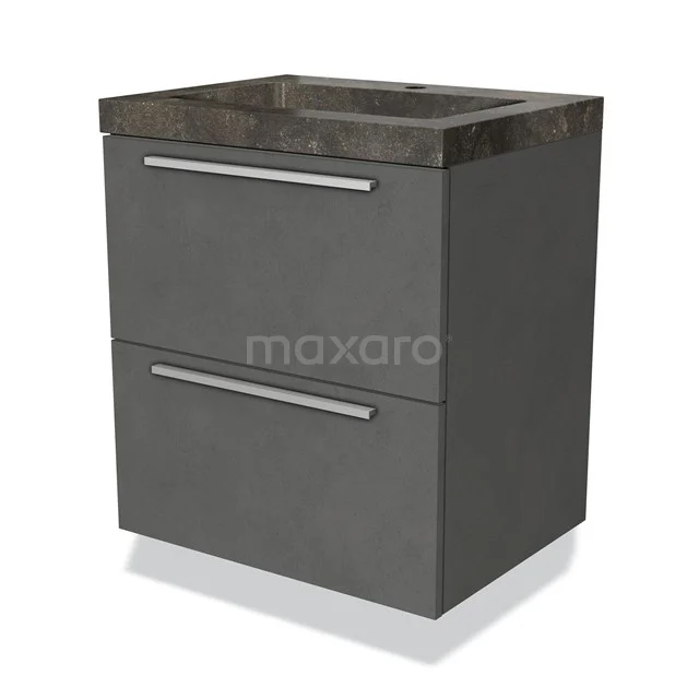 Anthracite bathroom unit with concrete-look vanity units with basin, two drawers and slim aluminium handles, compact and modern design.
