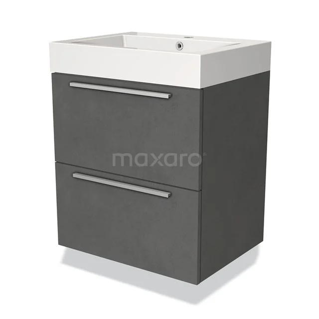 Graue Badmöbelset mit zwei Schubladen und weißem Waschbecken, modernes Design aus Holzlook-Material.