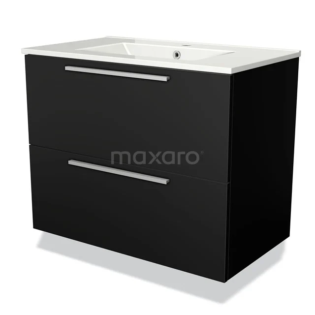 Black bathroom unit with white vanity units with basin, two drawers and metal handles, sleek design for modern bathrooms.