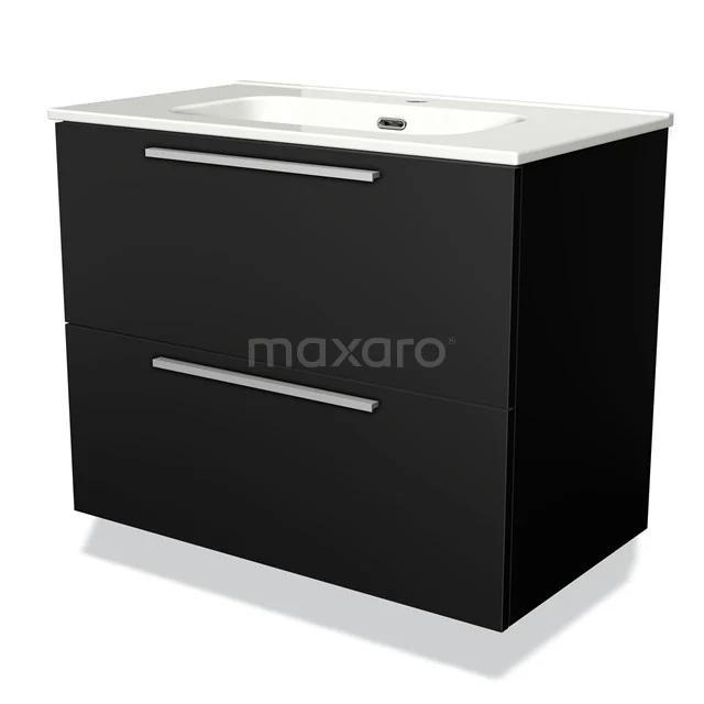 Black bathroom cabinet with two drawers, modern design line, including white basin made of ceramic.