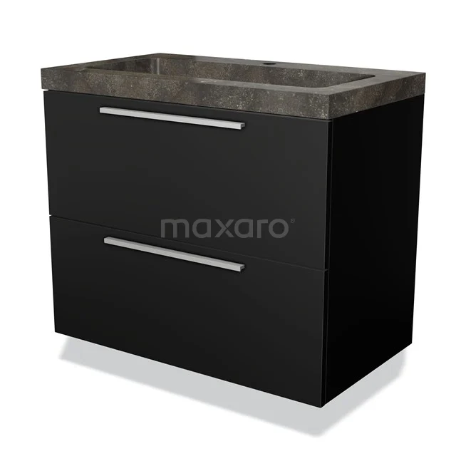 Black bathroom unit with concrete vanity units with basin, modern design, two drawers and sleek metal handles.
