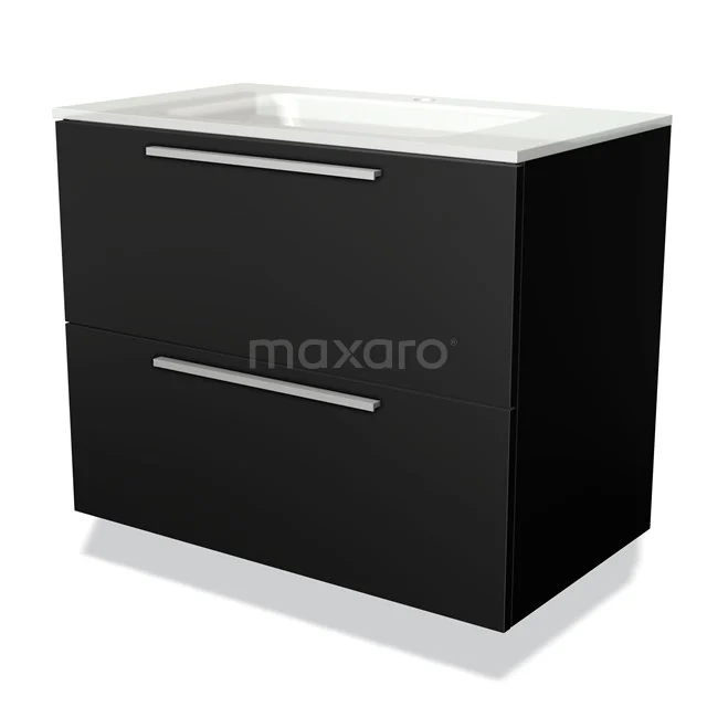 Black base cabinet with two drawers, sleek metal handles and a shiny white basin worktop, ideal for modern bathrooms.