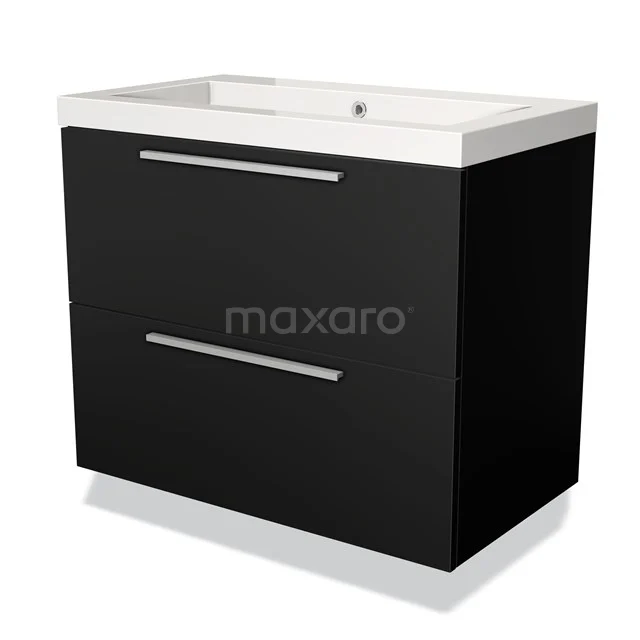 Black bathroom cabinet with two drawers and integrated white basin, modern design in high-gloss white wood.