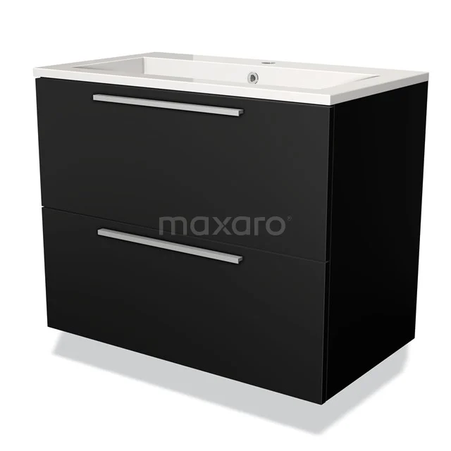 Black bathroom unit with white vanity units with basin, two drawers and sleek handles, perfect for modern bathroom design.