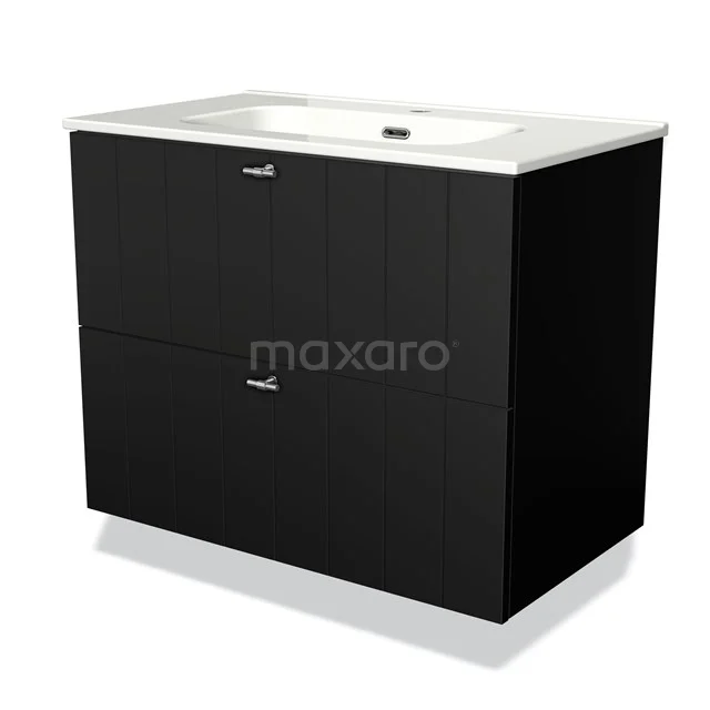 Black bathroom unit with two drawers and white ceramic basin, modern design for stylish bathroom fittings.