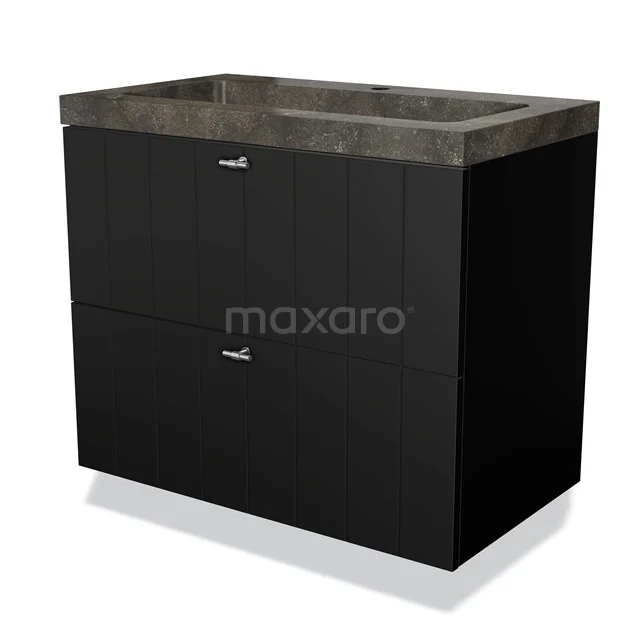 Black bathroom cabinet with concrete-look basin, modern design, double basin drawers and chrome handles, ideal for stylish bathrooms.