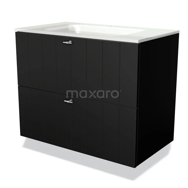 Black bathroom furniture set with white basin worktop, modern look, two drawers and sleek finish, perfect for a stylish bathroom.