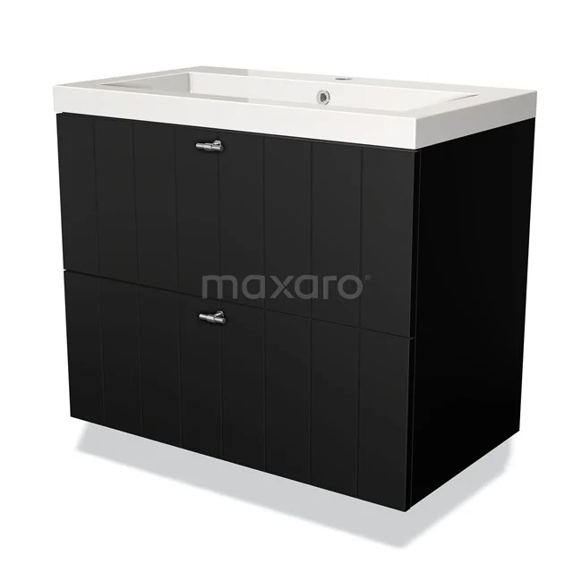 Black wooden bathroom unit with two drawers and white ceramic basin worktop, stylish and modern design.