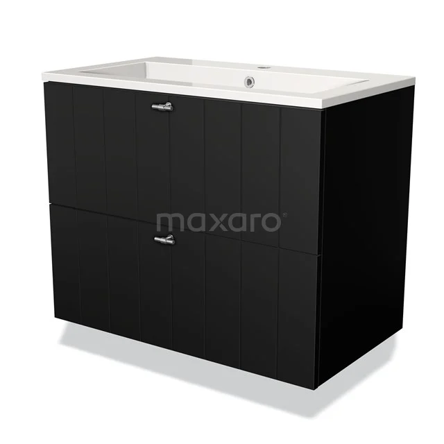 Black bathroom unit with two drawers and white ceramic basin, stylish and modern design.