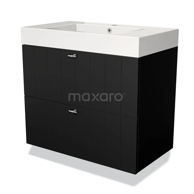 Black bathroom unit with white ceramic basin, modern design with two drawers for practical storage.
