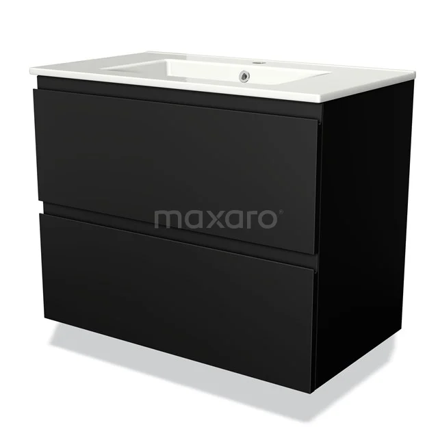 Zwart badkamermeubel met twee lades, modern design, mat afgewerkt, inclusief witte keramische wastafel.