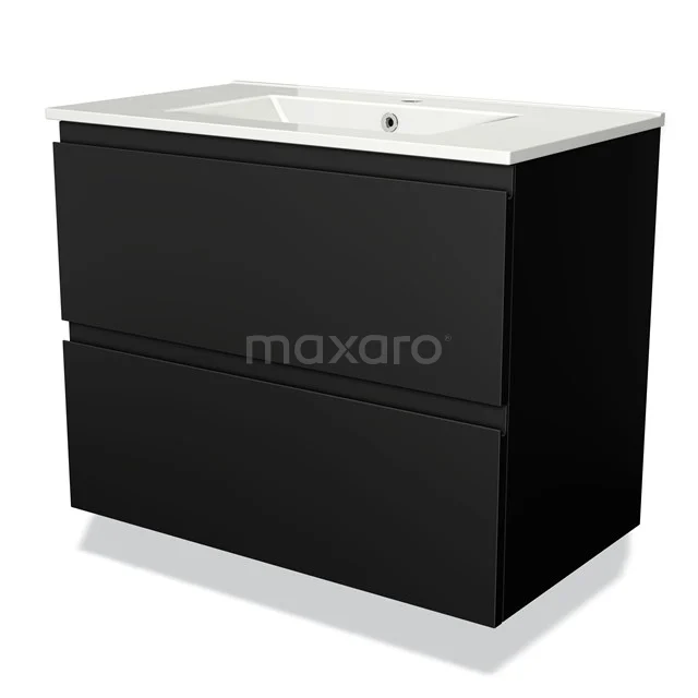 Zwarte badkamermeubelset met twee lades, strak design, wit keramische wastafel; ideaal voor moderne badkamers.