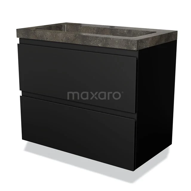 Zwarte badkamermeubelset met twee lades, betonlook wastafelblad en strak design, ideaal voor een moderne badkamer.