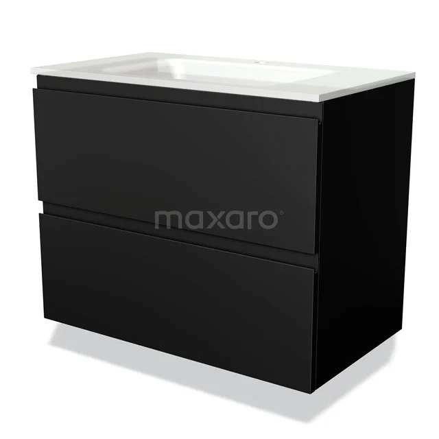 Black bathroom unit with two drawers, sleek design and white sink, suitable for modern bathrooms.