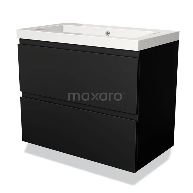 Black bathroom furniture set with two soft-close drawers, white ceramic worktop and sleek modern design.