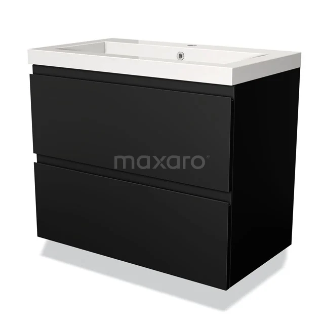 Schwarze Badmöbelset mit zwei Schubladen, rechteckiger Form und weißer keramischer Waschtischplatte, ideal für moderne Bäder.