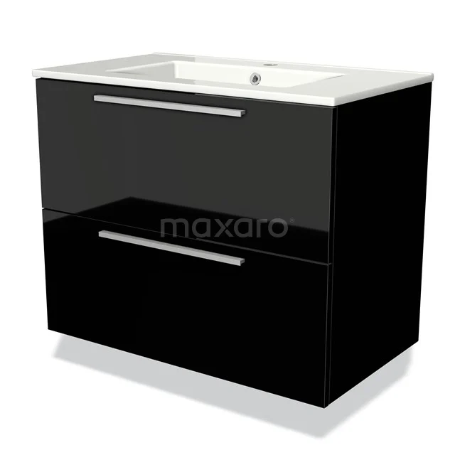 Zwarte design badkamermeubel met glanzende afwerking, twee lades en witte wastafel; stijlvol en modern voor elke badkamer.