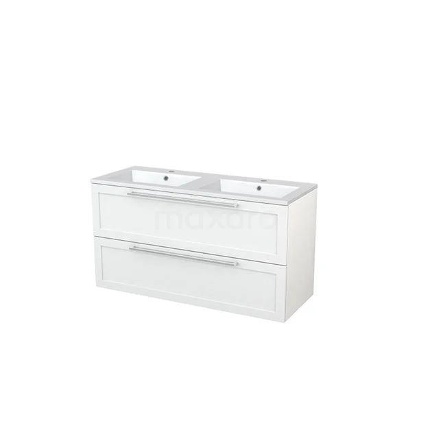 White double vanity unit with two drawers, clean lines and modern design, perfect addition to any bathroom.