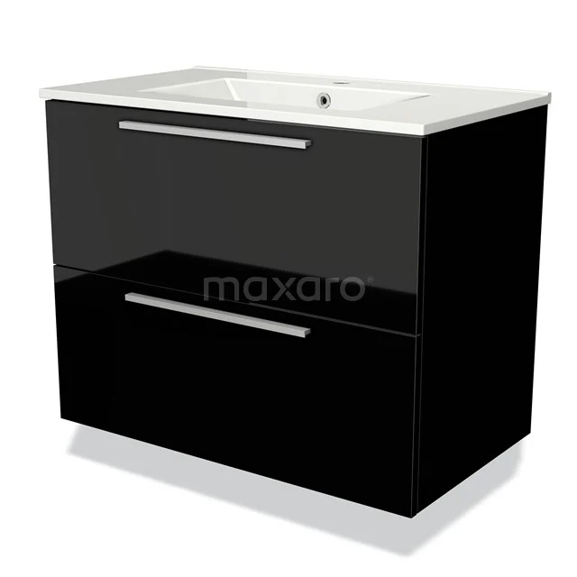 Black high-gloss bathroom unit with vanity units with basin, two drawers and sleek chrome handles, ideal for modern bathrooms.